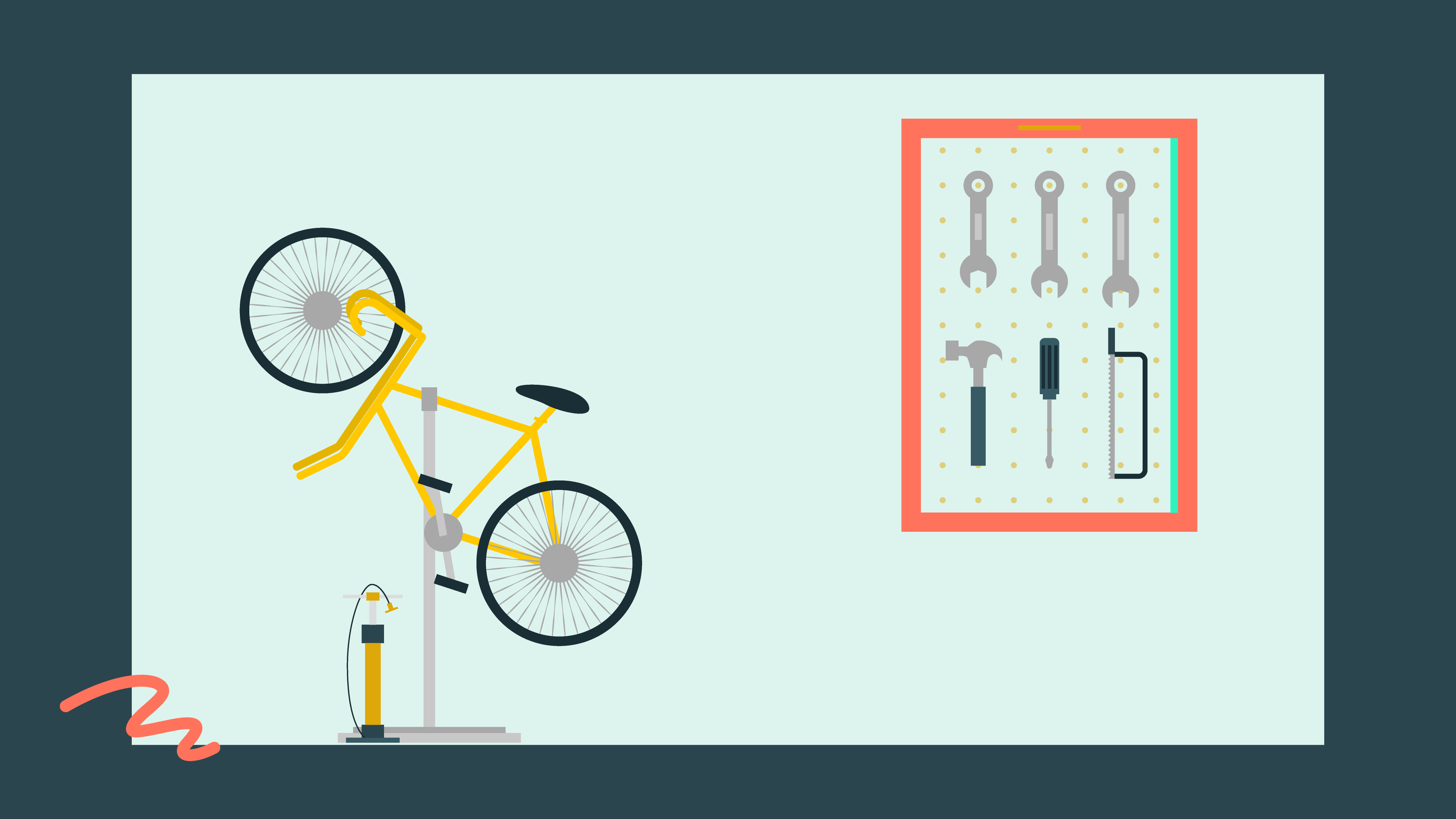 A bike repair workshop, complete with a bike stand and tools